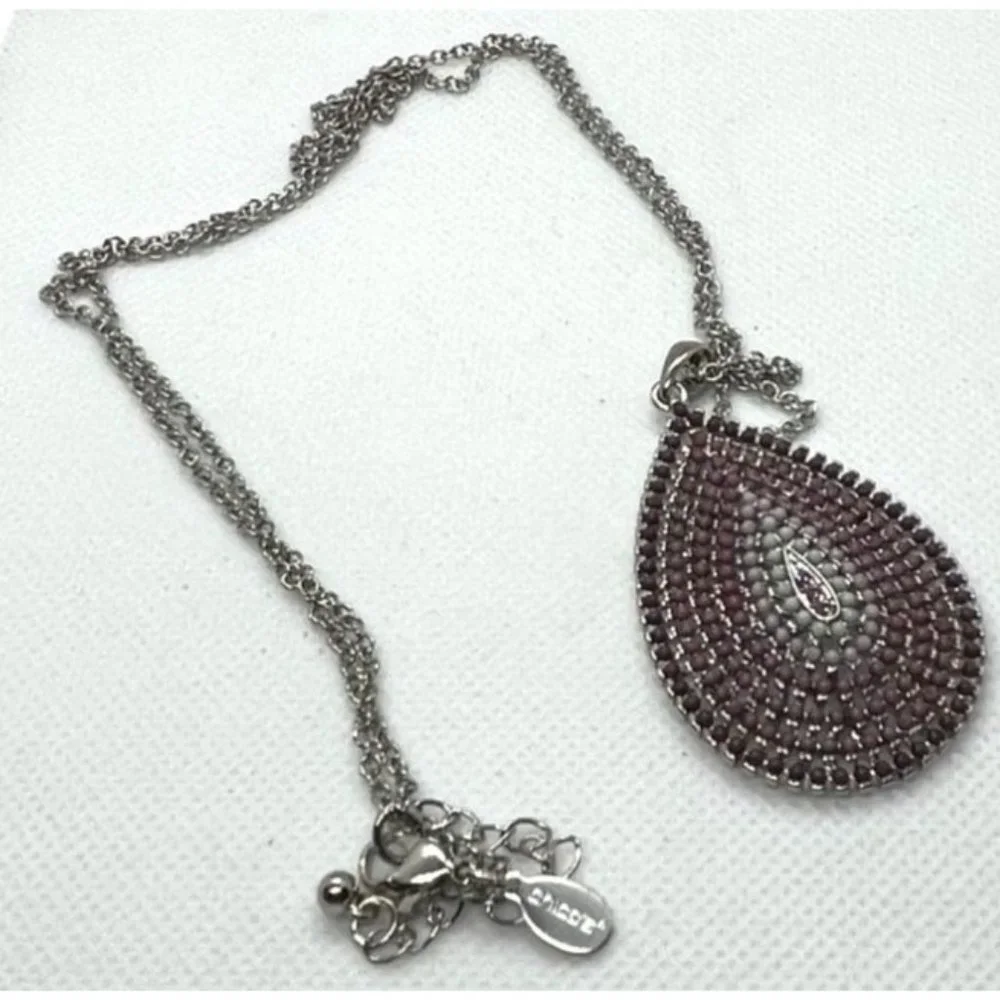 Chico's Multi Color Pinks Beaded Tear Drop Pendant Silver Tone Necklace New Boho